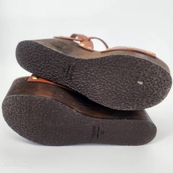 Celine Wooden Platform Wedge Sandals Tan Leather Gold Studs 37 (US 7) - Picture 7 of 17